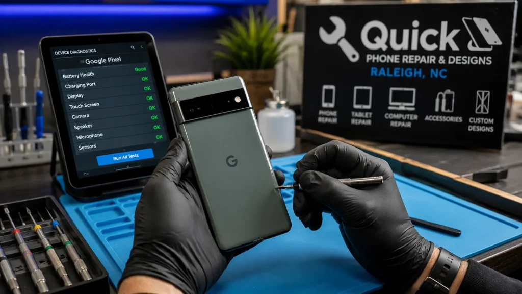 Google Pixel smartphone being diagnosed for common issues at Quick Phone Repair & Designs in Raleigh, NC