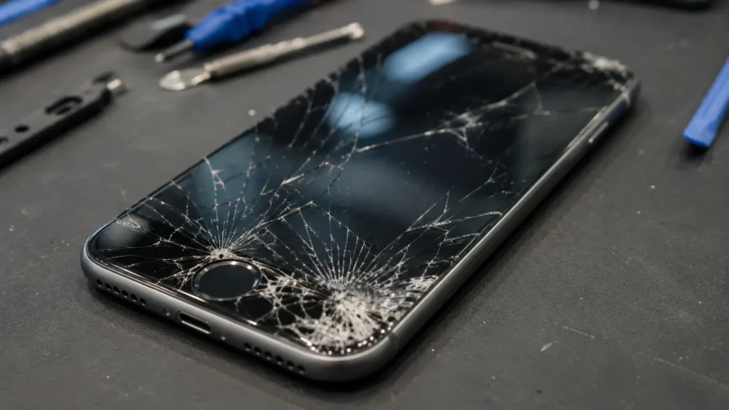 Close-up of a cracked iPhone screen before repair at Quick Phone Repair & Designs in Raleigh, NC