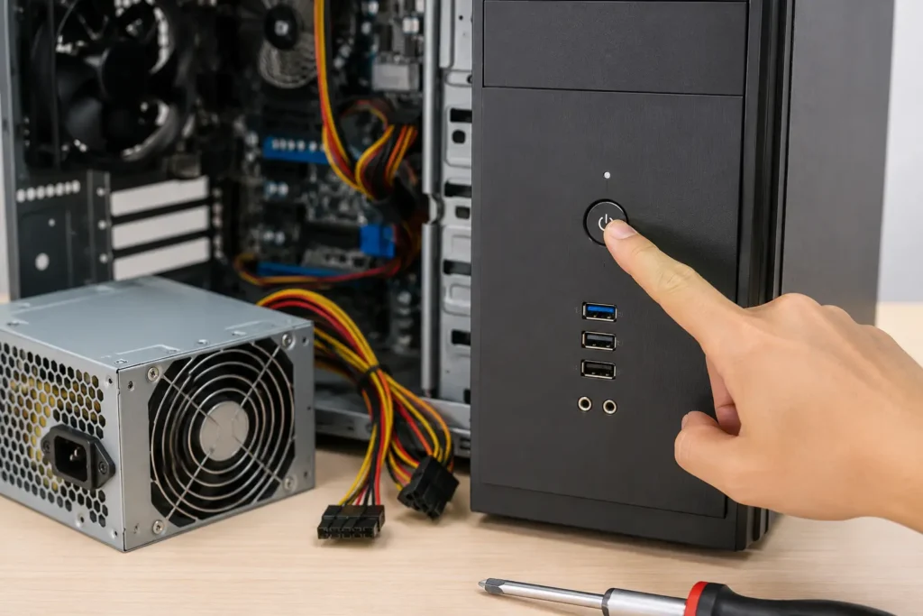 Common desktop computer problems being diagnosed on an open tower at a repair bench
