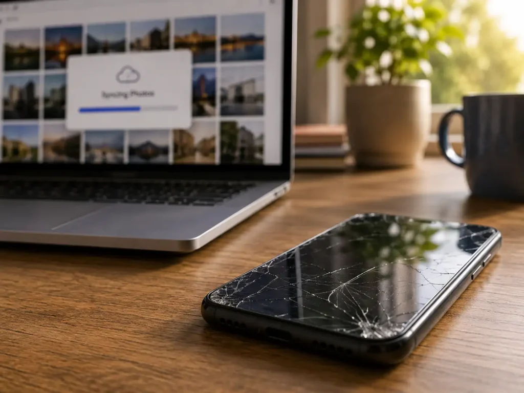 Recovering photos from a broken phone with a cracked screen next to a laptop