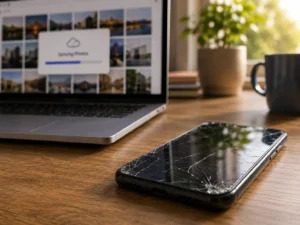 Recovering photos from a broken phone with a cracked screen next to a laptop