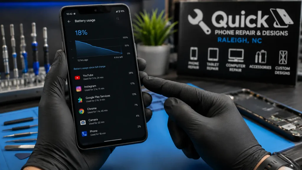 Google Pixel battery usage screen showing apps draining battery quickly