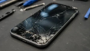 Close-up of a cracked iPhone screen before repair at Quick Phone Repair & Designs in Raleigh, NC