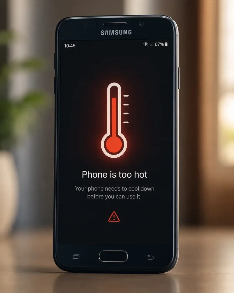 Samsung Galaxy phone displaying an overheating warning