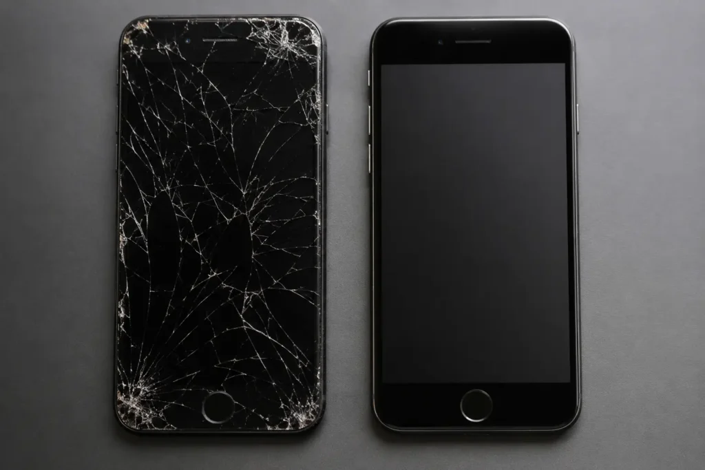 efore and after comparison of an iPhone screen replacement showing a shattered screen fixed to like-new condition