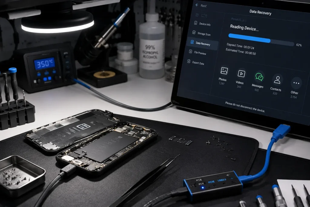 Technician workbench setup for recovering photos from a broken phone that will not power on