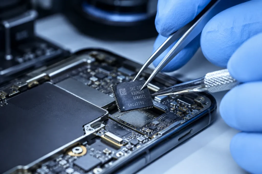 Memory chip removal during a professional photo recovery service for a broken phone