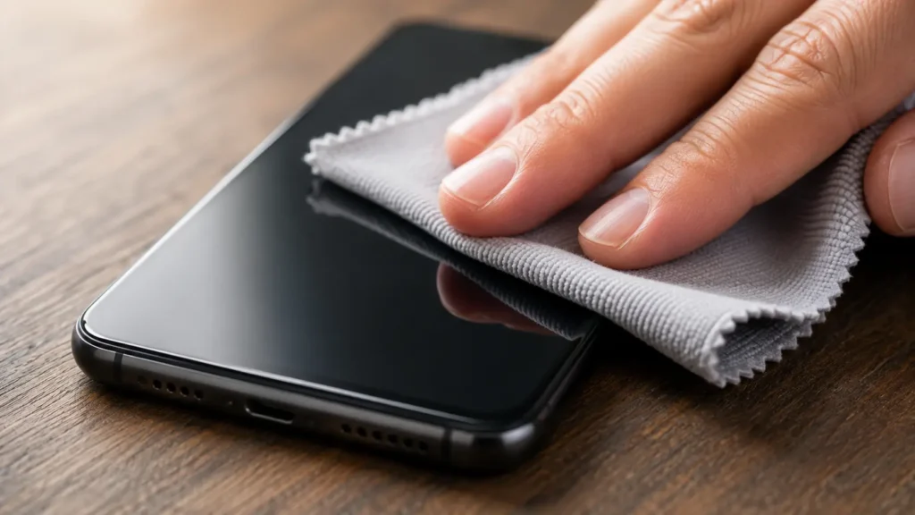Cleaning phone screen with microfiber cloth