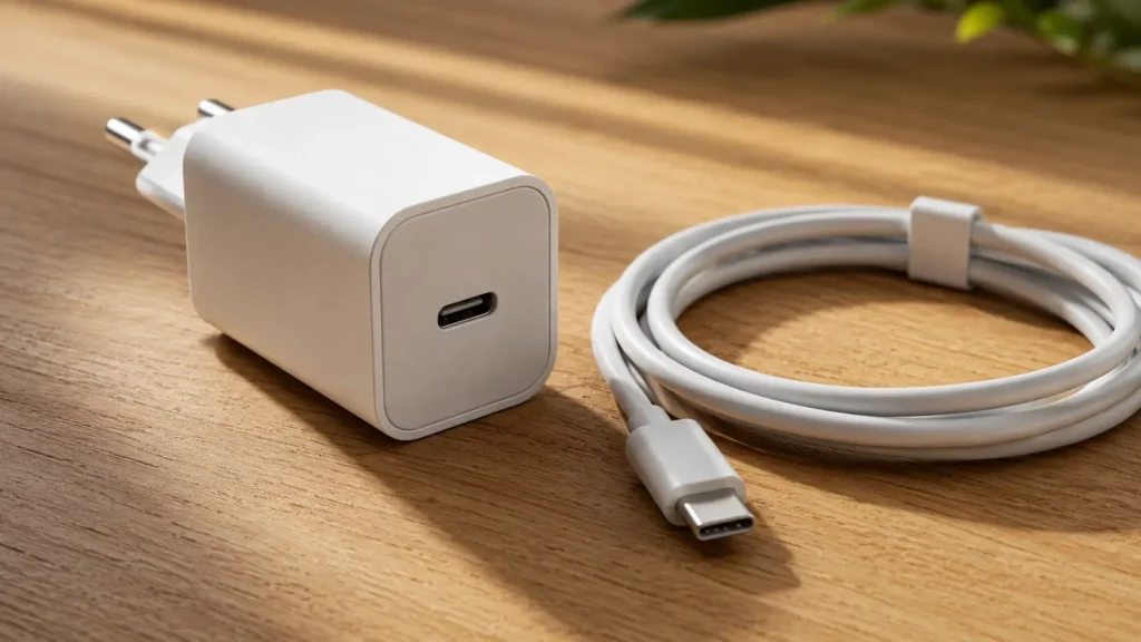 USB Power Delivery fast charger and USB-C cable shown close up