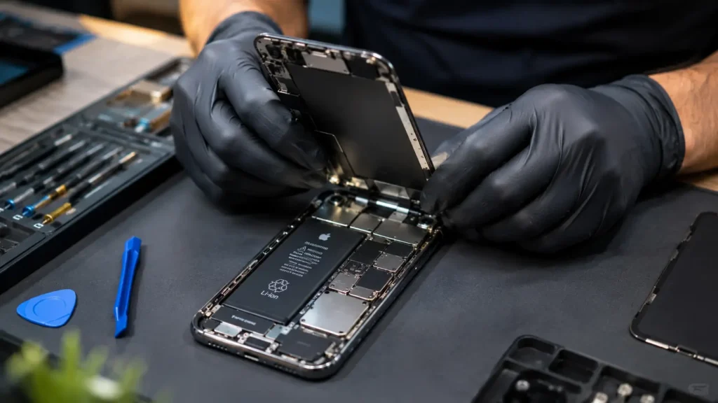 Technician inspecting phone internals after water damage