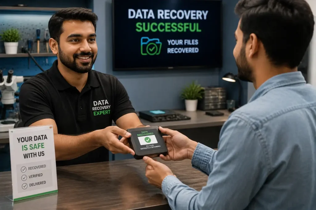 Customer receiving recovered data after phone repair
