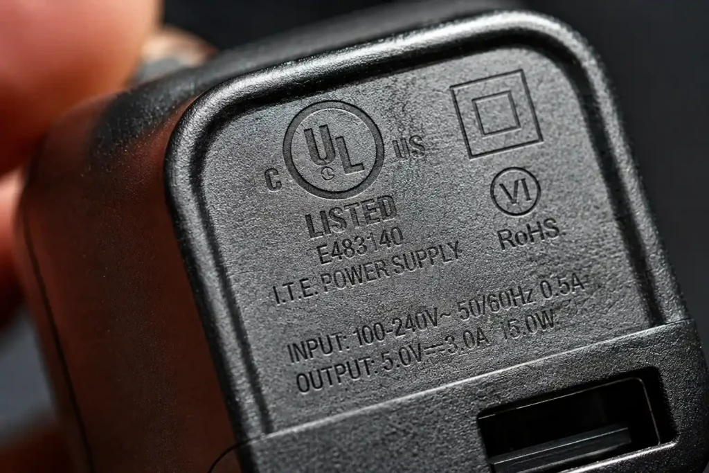 Inspecting a fast charger's safety certification mark for authenticity