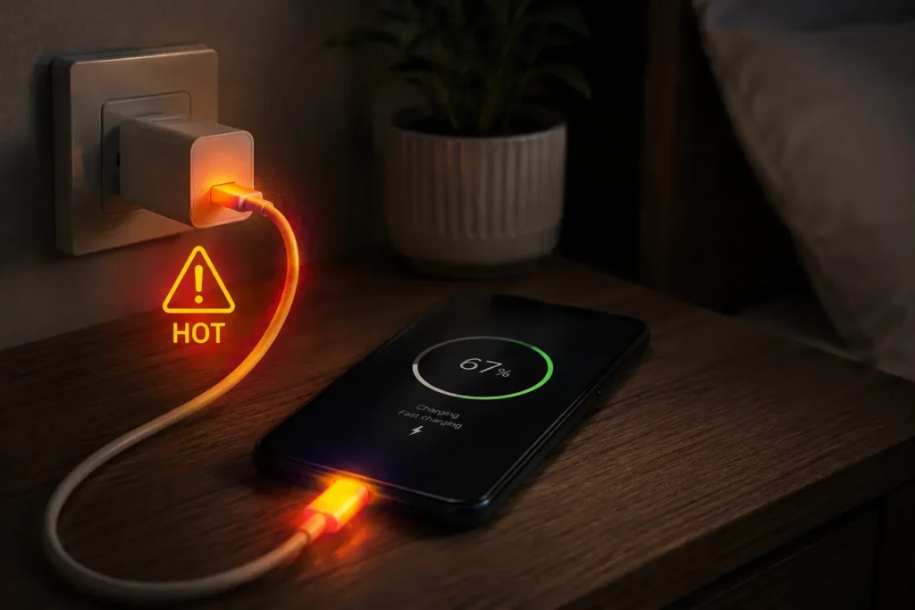 A fast charger showing warning signs of overheating during use