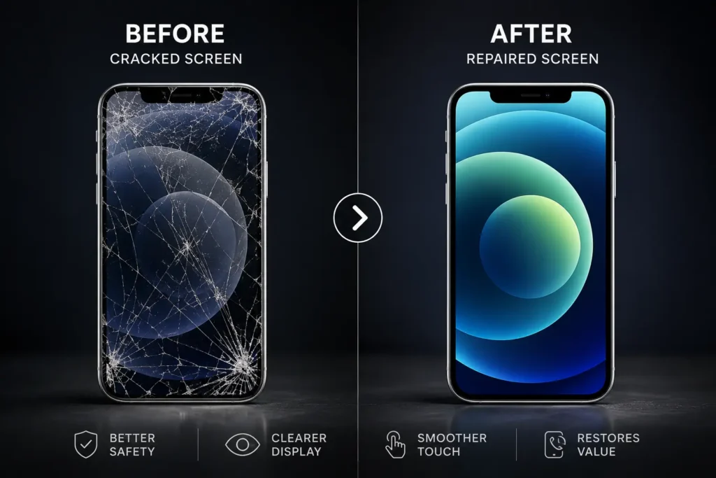 Cracked phone screen repair before and after