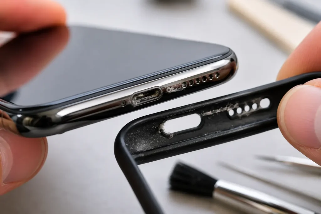 Inspecting a smartphone's charging port and case for dust as part of hardware maintenance