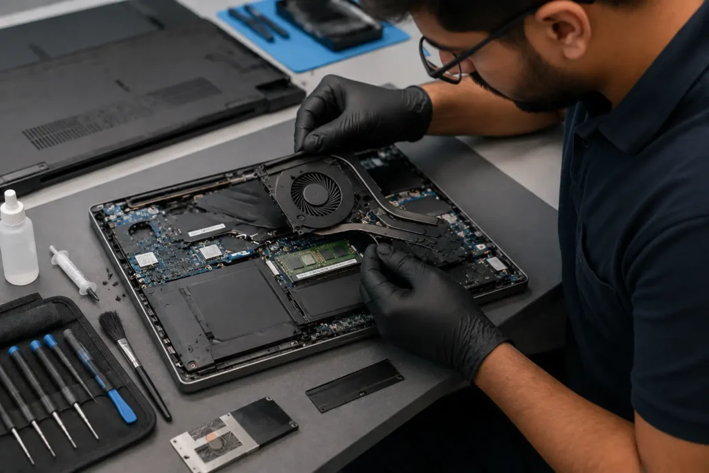 Technician repairing laptop overheating issue