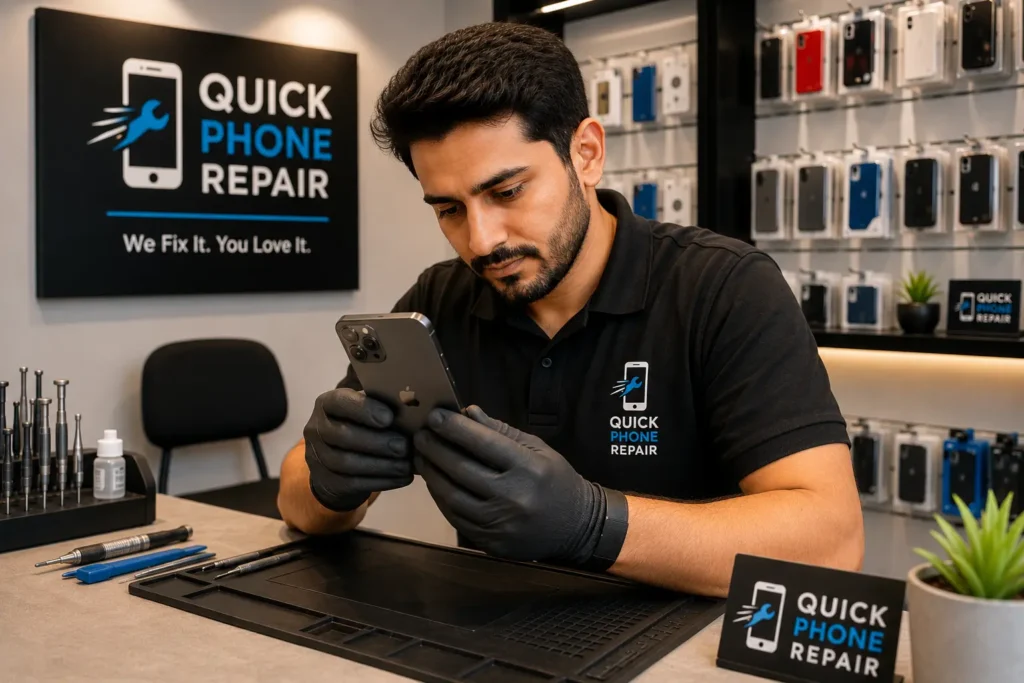 Technician performing phone diagnostic and repair