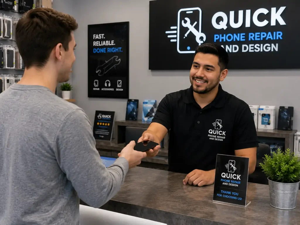 Customer dropping off phone for same-day repair in Richardson