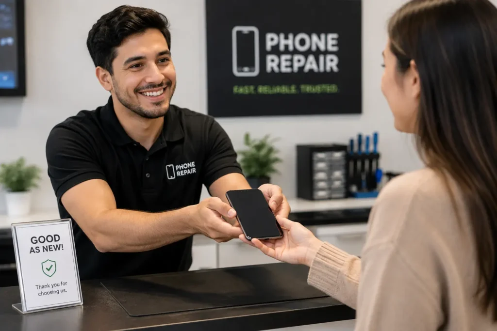 Customer picking up repaired phone in-store