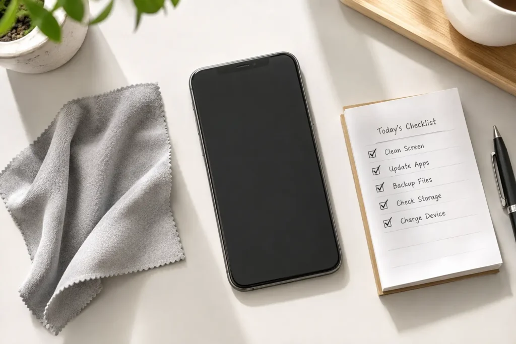 Smartphone maintenance checklist items laid out next to a phone and cleaning cloth