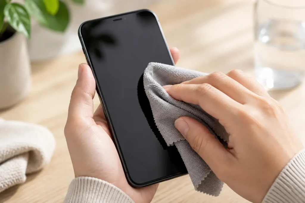 Daily smartphone maintenance checklist step showing screen being cleaned with a cloth