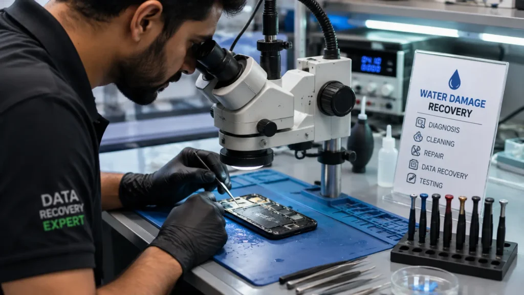 Technician performing phone data recovery after water damage