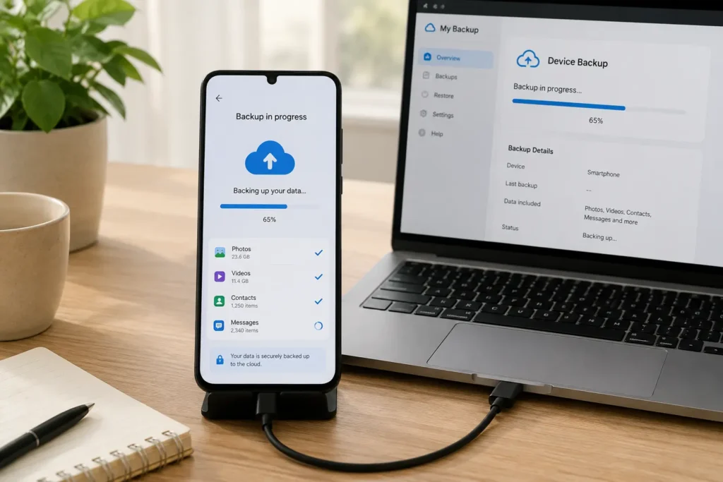 Monthly smartphone maintenance checklist step showing a backup and software update in progress