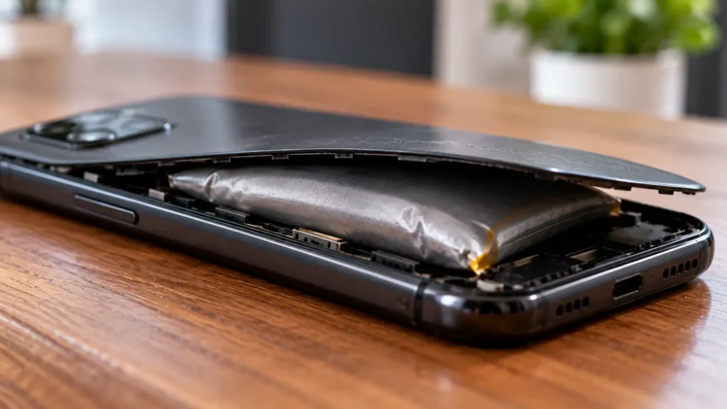 Swollen phone battery requiring immediate repair