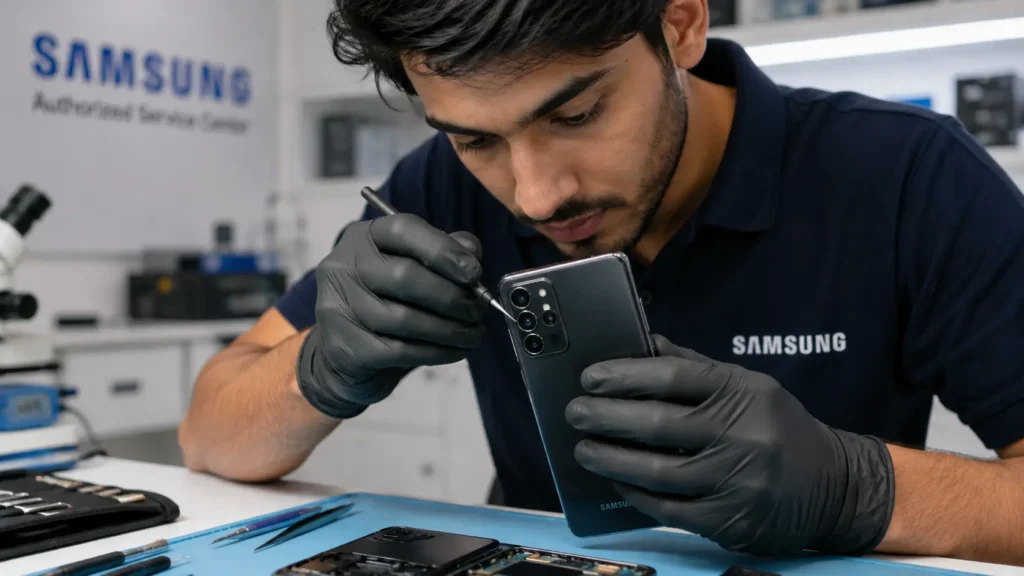 Technician diagnosing Samsung camera not working issue