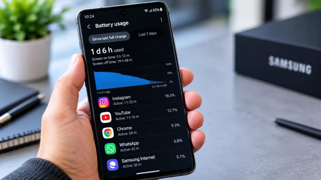 Samsung battery usage screen showing apps draining battery fast