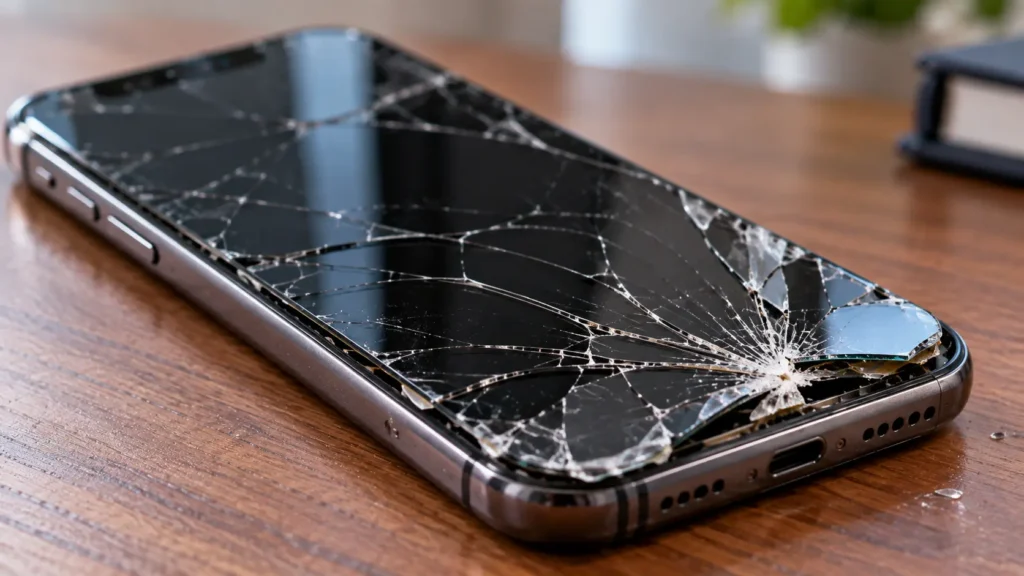Cracked phone screen with loose glass needing immediate repair
