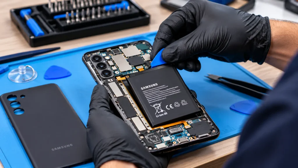 Technician replacing Samsung phone battery
