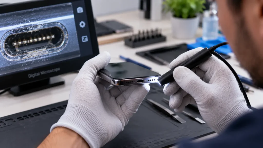 Technician inspecting phone charging port for immediate repair