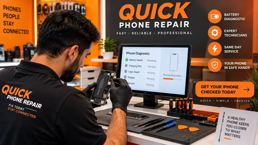 Technician performing iPhone battery health diagnostic