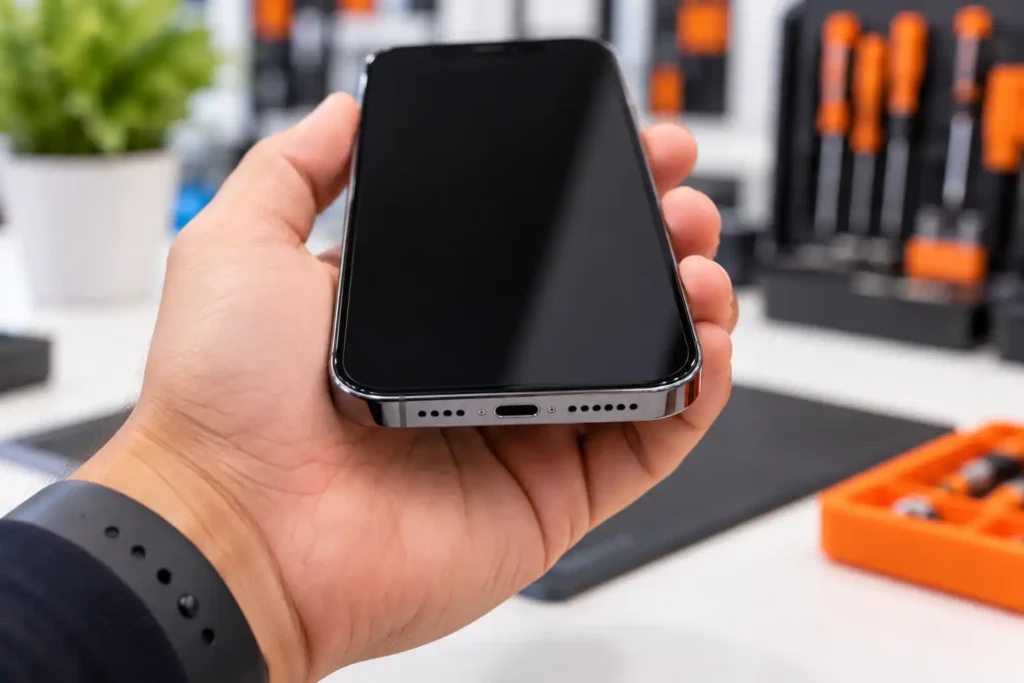 Draining a wet phone with the charging port facing down